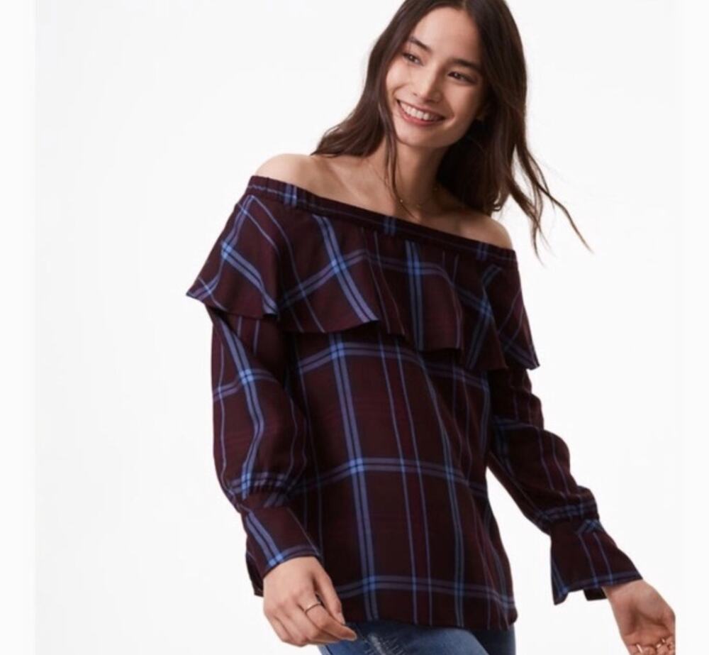 Ann Taylor Loft Plaid Off Shoulder Long Bell Sleeves Top Size XS NWT
